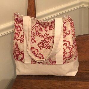 Red & Beige Floral Large Tote Bag / Canvas Fabric Beach Bag Handmade Purse NEW!